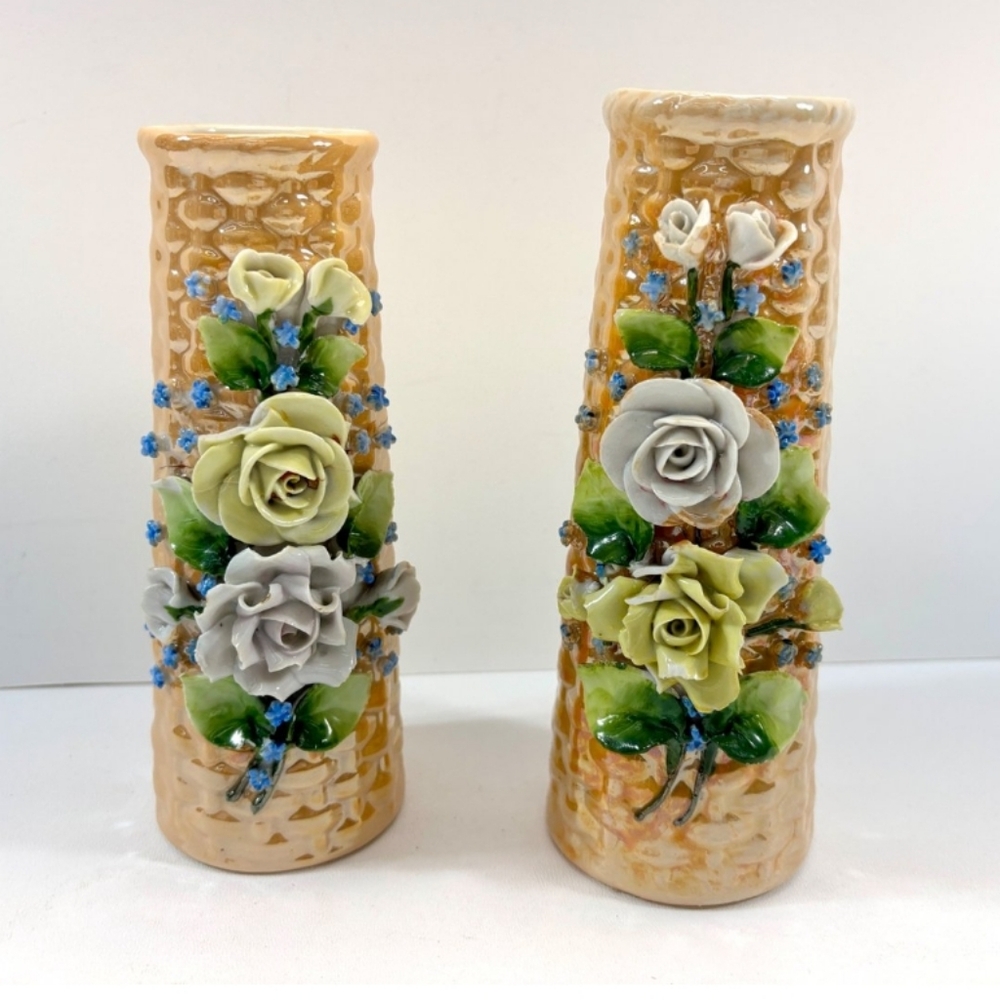 German Basket Weave Iridescent Bud Vases